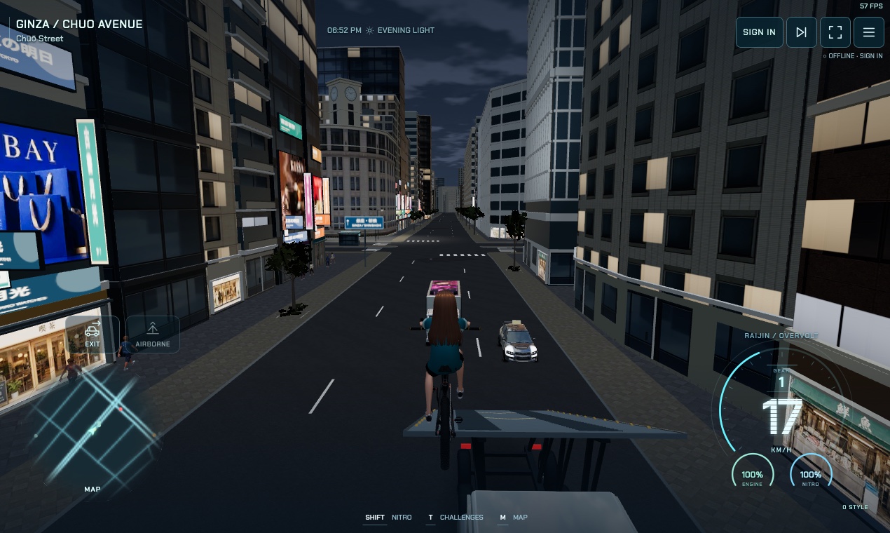 A bicycle jumping above city traffic